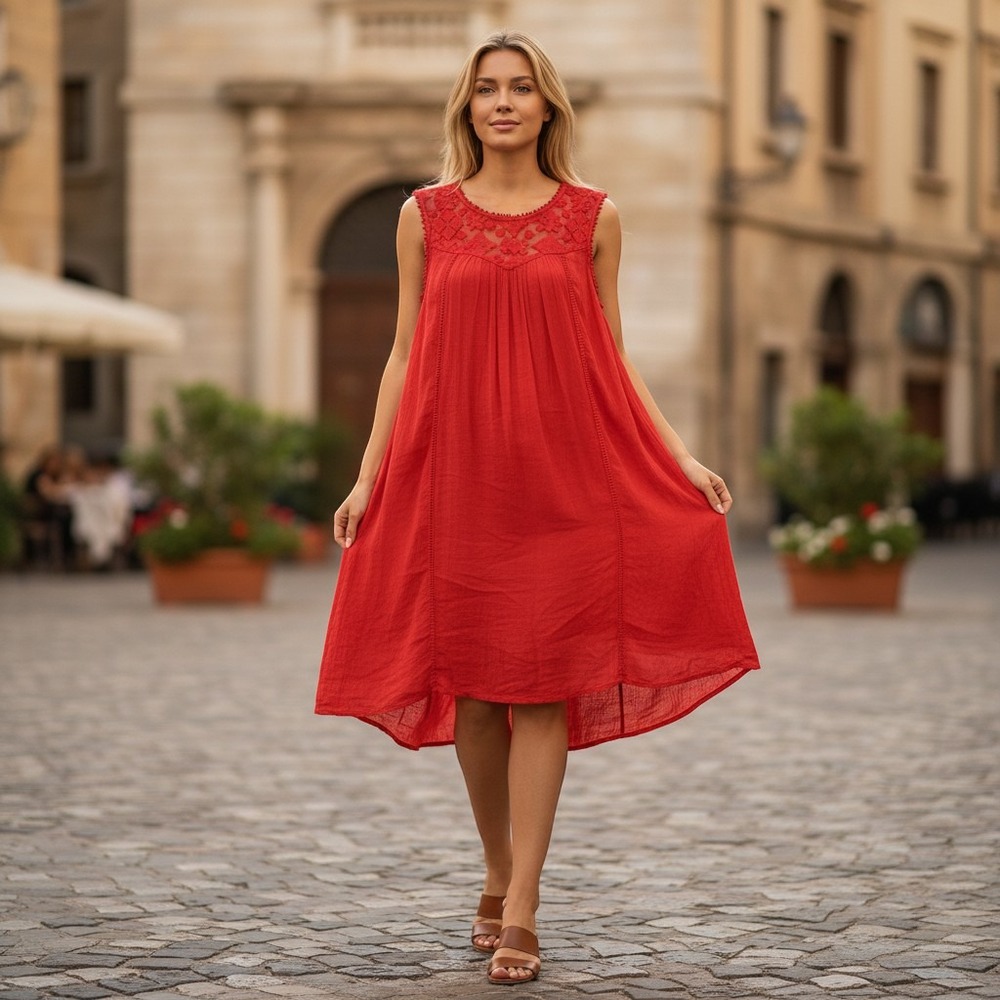 John Paul Richard Red Lace Yoke Sleeveless Boho Shift Dress Pom Pom Trim L